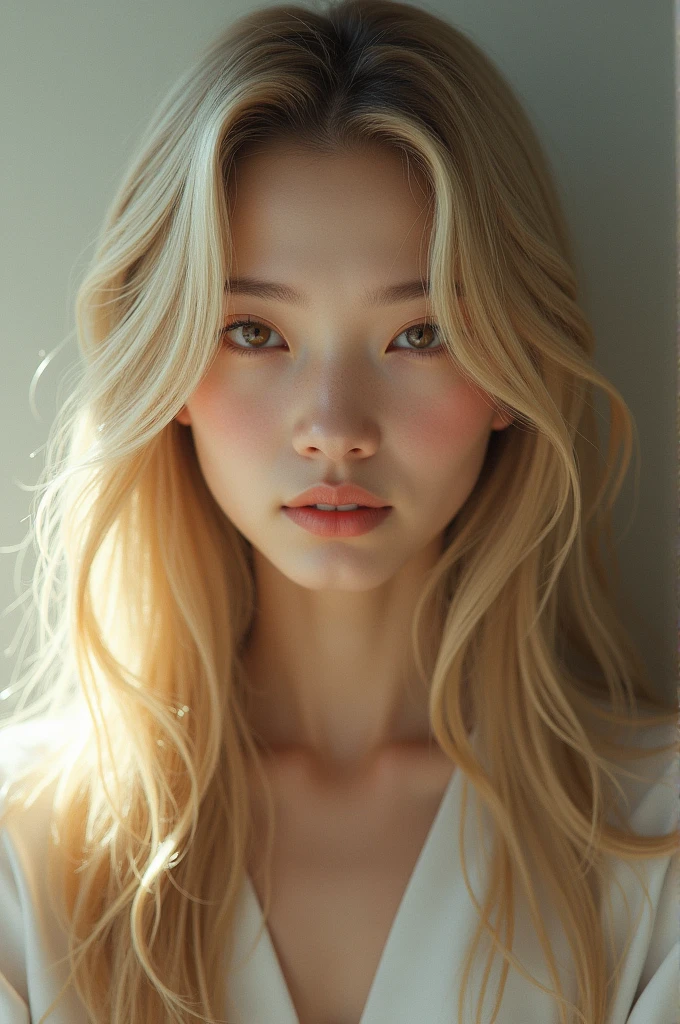 a young woman with Asian features, with long blond hair