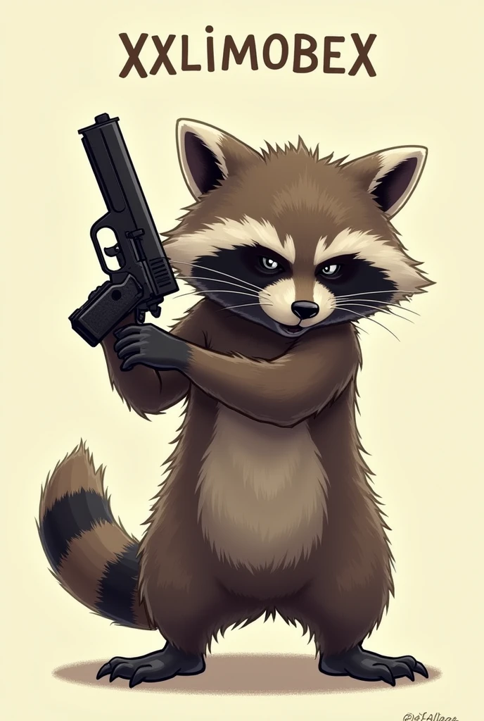 I would like a raccoon holding a gun in his hand please. Under the raccoon the name xxlimobeixx should be written in capital letters please.