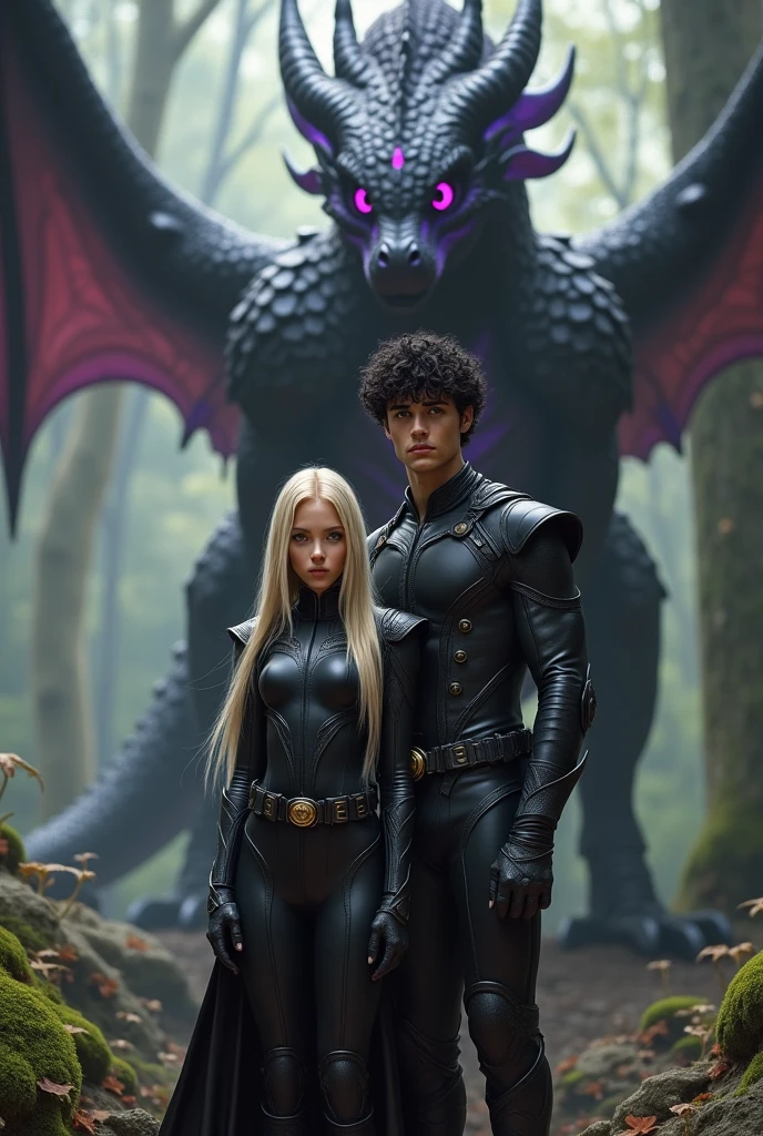 Create the image of a slim blonde girl with long straight hair down to her waist dressed in a black leather combat suit and a forest around her with many magical monster figures behind her, At his side a handsome boy with curly black hair, White skin, Muscular and wearing a black combat suit with green eyes, taller than the girl, behind the girl a large black dragon with purple and gold covering her 