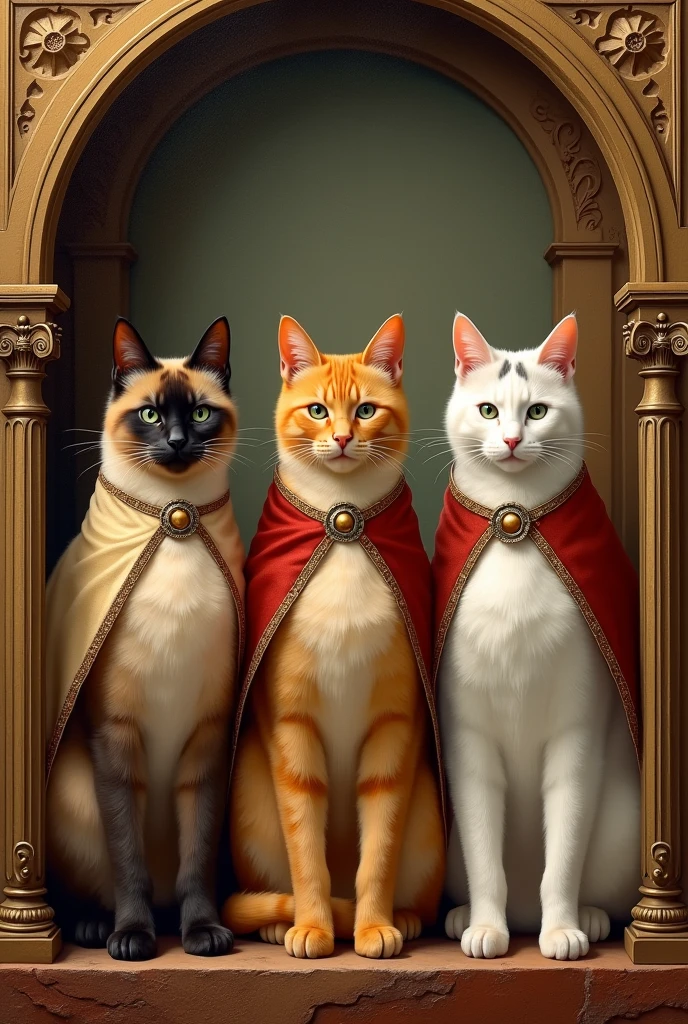 Create 3 cats, the first with Siamese breed colors, the second an orange-yellow cat,  with fainter orange stripes, The third is a white cat with a few faint grey stripes in an old painting in the style of the kings, with king-type decorations, that they are fatter cats and have kingly capes