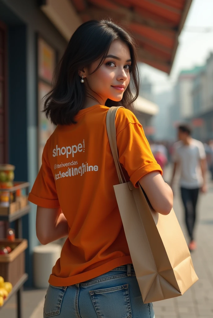 A real woman in an orange shirt with “shoppe”@donivendas “achadinhosThata written on the back holding a shopping bag 