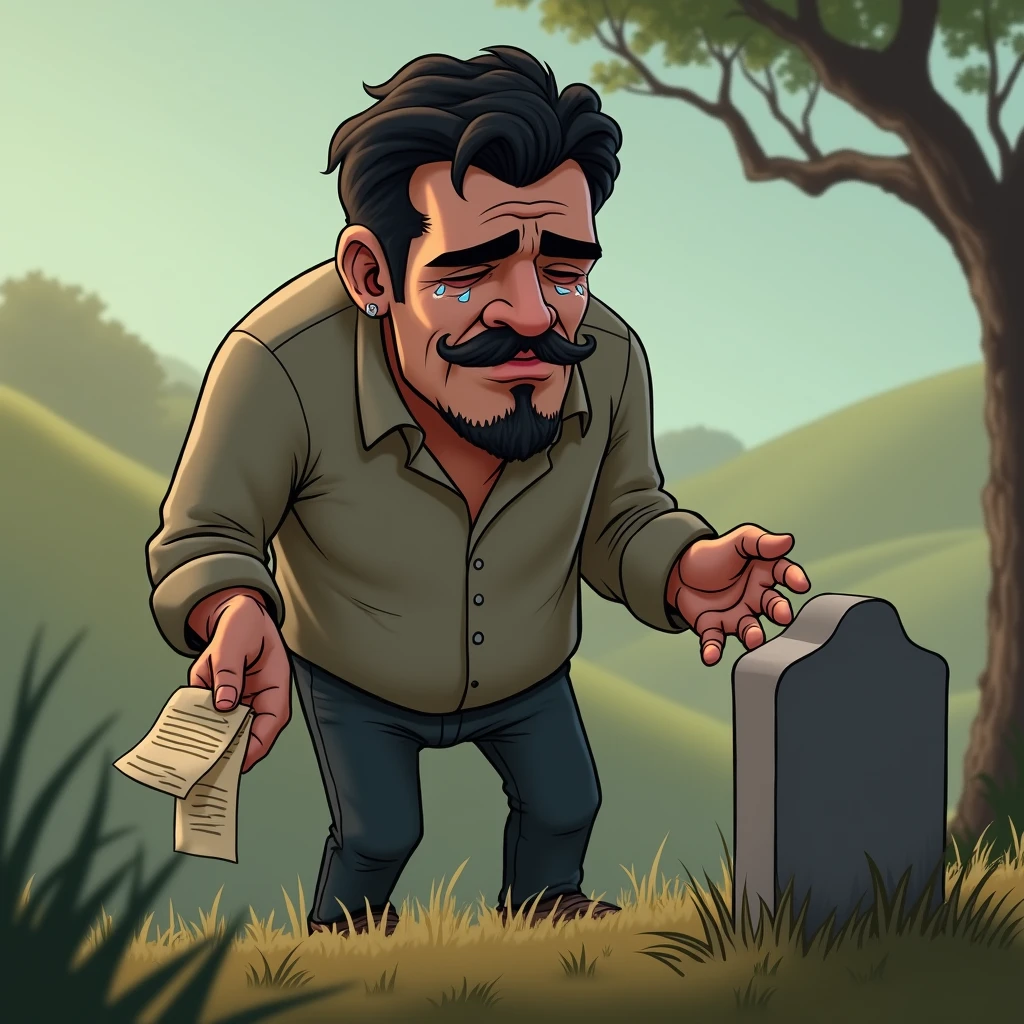 Spanish man crying on a grave while holding a paper in his hand cartoon