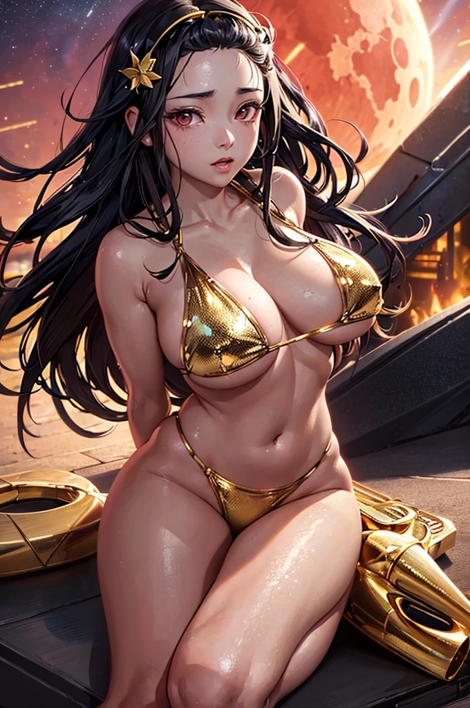 ((Nezuko Komado)), (shiny skin), metallic gold bikini, huge breasts, thick thighs, thigh highs, beautiful face, sexy pose, red moon in the background, stars, space, (lightroom:1.13), soft light, (natural skin texture:1.2), (hyperrealism:1.2), sharp focus, focused, (((arms behind back))), photorealistic, detailed coloring, detailed high quality, chromatic aberrations, ultra detailed quality skin, detailed ray tracing lighting, minimal, gold and pink monochromatic color palette, sitting, legs spread, 
