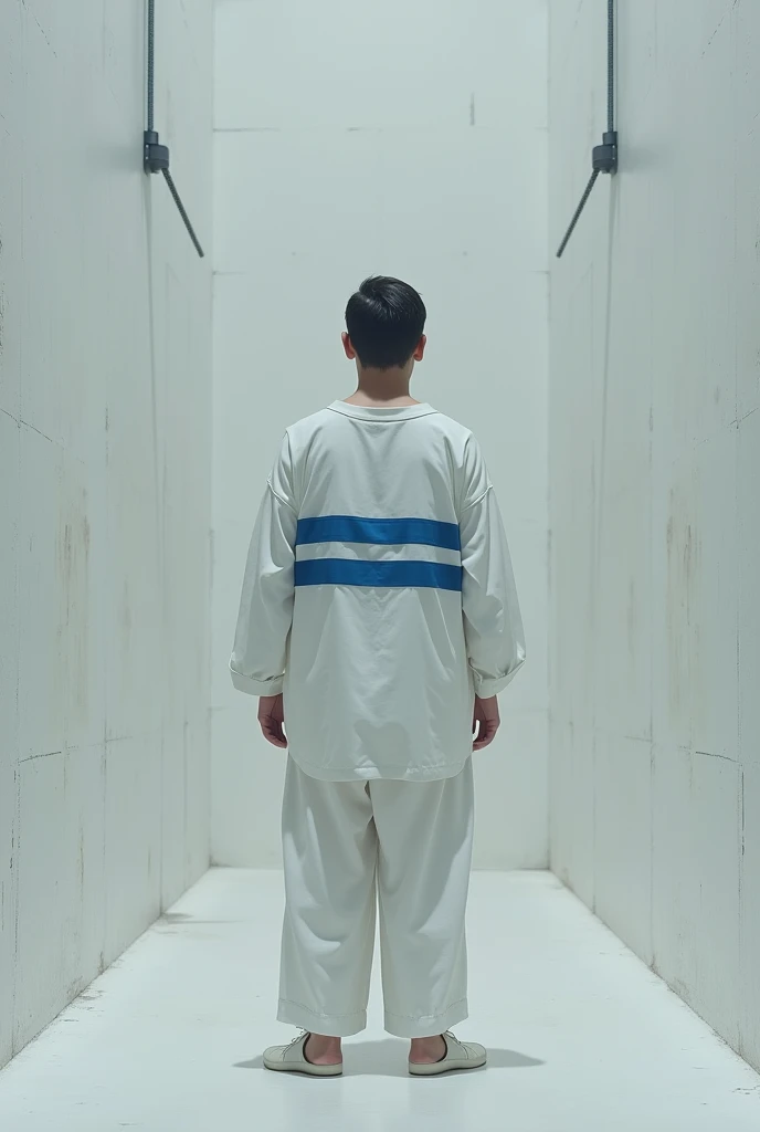 Prisoner in white clothe with 2 blue stripe