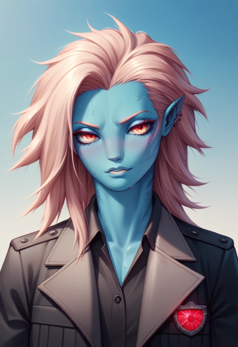 Oc,na’vi, a alien blue skin skinny buff femboy man wearing black trench-coat with a red mark on the bust,thick, in an 80’s style. He’s androgynous , including some weapons and a sensual , cool expression. Sweating.The scene has a cool,sweet,sexual,stargate style and a vibrant tone. Modern setting in the background 