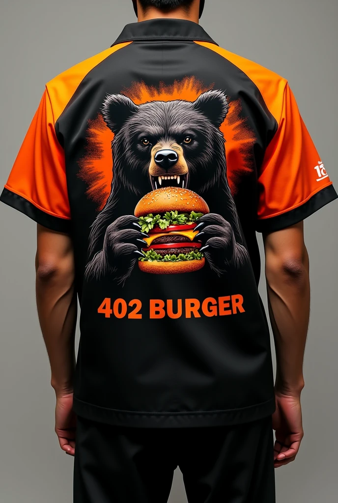 Design a uniform for my burger restaurant called 402 BURGER in black and orange, with a bear printed on the back of the shirt wildly biting into a burger with only the bear&#39;s head left 