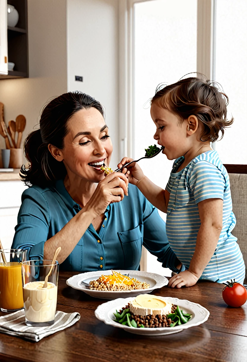 render of a mother with her child eating at a table