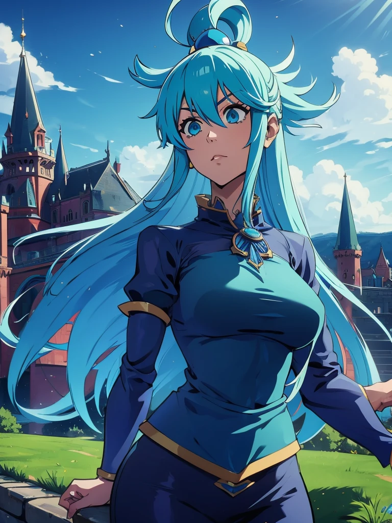 one girl, Aqua Konosuba,dark armor, Castle in the background