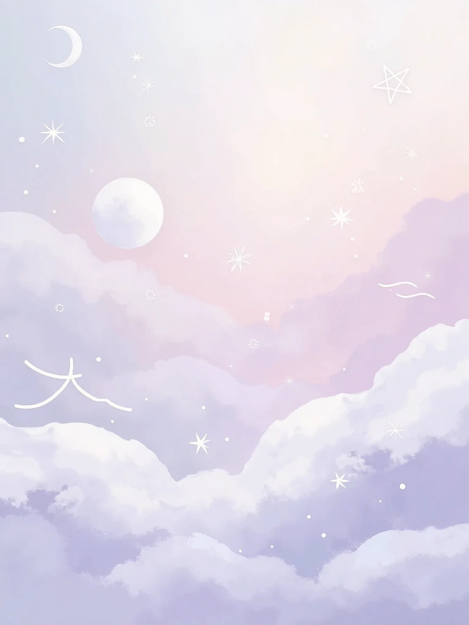 Design Details:
Color Palette:
Soft pastels: lavender, baby blue, pale pink, and light purple.
Smooth gradients blending these colors.
Background:
Abstract, watercolor-like textures resembling skies and clouds.
Light gradients to add depth and a serene feel.
Illustrations:
Minimalist and subtle: moons, stars, and abstract symbols.
White or light-colored illustrations to maintain the ethereal feel.
Overall Feel:
Dreamy, serene, and ethereal with a focus on simplicity and tranquility.
Lots of negative space to keep the design uncluttered and peaceful
