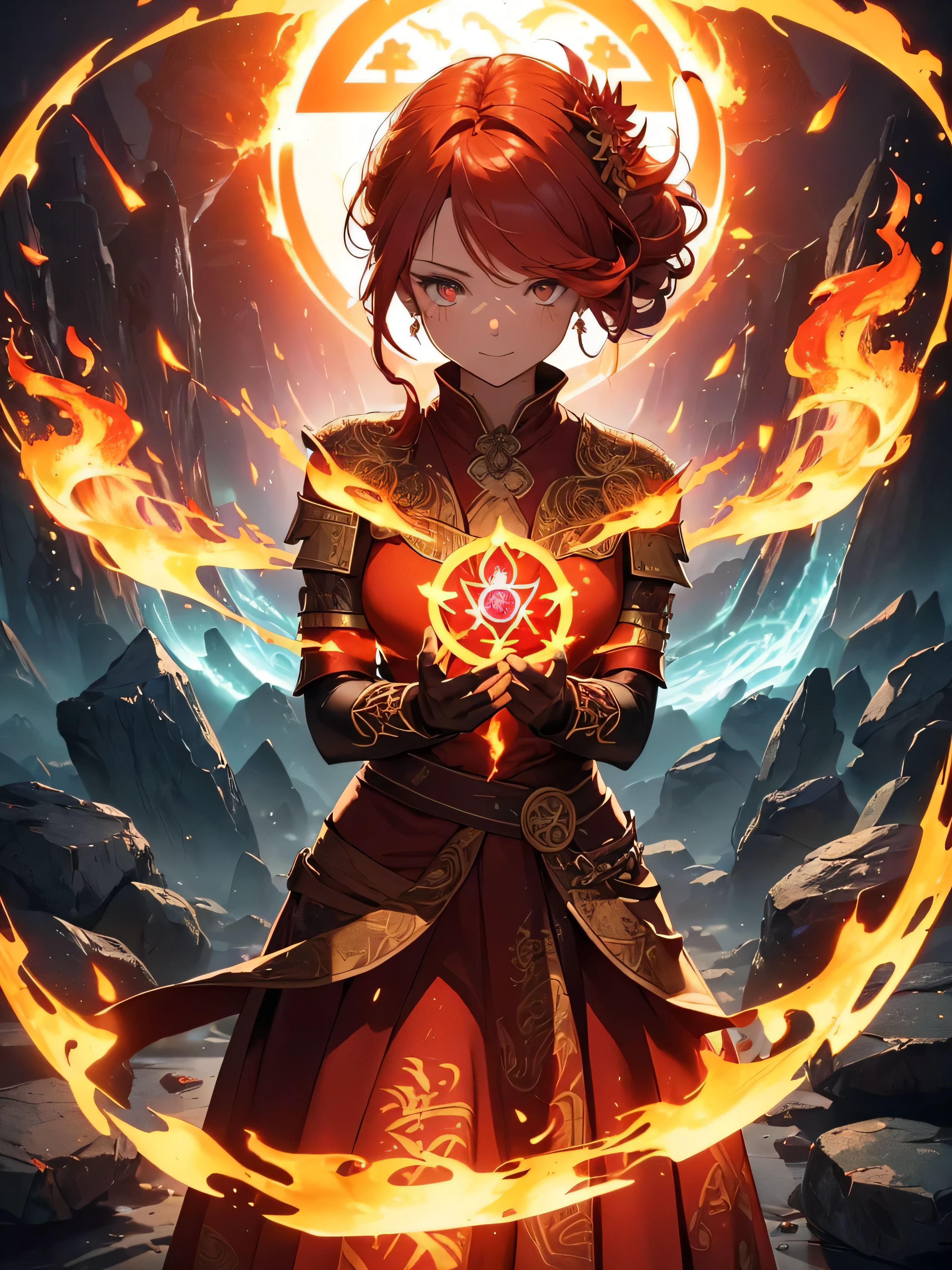 (((best quality, sharp image, clear image, cinematic lighting, 8k resolution, masterpiece, ultra detailed, intricate))) Girl, (((looking over shoulder))), shot from behind, ((half shot)), fire mage, cute, fiery red hair, pigtails in hair, (intricate dress), (white dress), ribbons in hair, smiling, fiery red, ((intricate Portal background)), ((fire magic)), candles, ((glowing runes on skin)), (flame patterns), ((fiery lotus flowers)), busy background., ((fire sigils)), (rock formations), Exploding rock, lavafalls, gauntlets, ((Red rubies)), busy background.