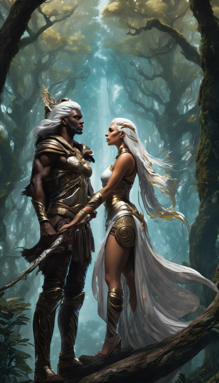 observe the intricate details of dark choclate male warrior with white hair and female goddess hera in a heated conversation from birds eye view in a dark futuristic forest each representing their unique powers and personalities.