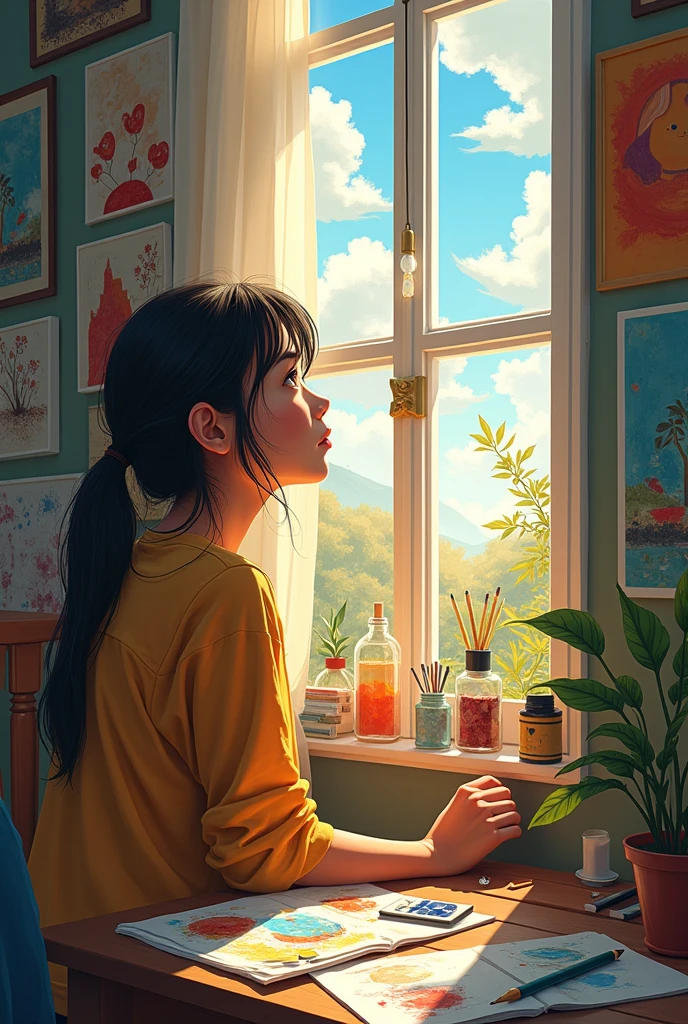 Mousumi daydreaming about becoming a painter, with her imagination filled with colorful wall murals and canvases. The scene can show her gazing out of a window with a dreamy expression, surrounded by sketches and painting supplies.