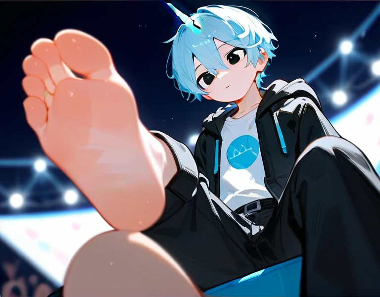 A cute boy showing his stinky feet at low angle,barefoot, Foot Focus,White T-shirt, Black Hooded Jacket, There are bangs between the eyes,short hair,Light blue hair, Black pants, Anatomically correct, There is a blue unicorn in the middle of the head,Unicorn, black eyes, Look at the audience,bothersome,Sitting on another man'Belly,