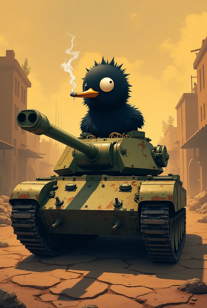 Calimero dans un tank en train de fumer une cigarette dans un monde post apocalyptique