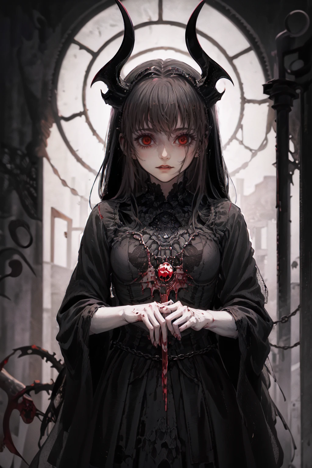 beautiful girl、Moe、cute、とてもcute服、繊細なPink Tata Dress、.(Highest quality,4K,High resolution,masterpiece:1.2),Very detailed,Realistic:1.37,Spooky altar background,Dark fantasy,Red color scheme,Ominous atmosphere,Eye-catching,Storytelling,anatomy,Anime Style,Concept Art,beautiful細部までこだわった顔と (((Red eyes ))),A terrifying ritual ,Satanic Ritual,Premature death,inappropriate behavior,クレイジーなsmile,Scythe Face,Girl Monster, beautiful, Delicate facial features, Sharp Eye, Sharp Fangs, pale skin, Thick chain, Dark Background, Cinema Lighting, Dramatic Shadows, Gothic style, Gloomy atmosphere, Dark fantasy, one person's, Please open your mouth wide, Open your mouth and baring your teeth,Sharp teeth like a beast, Wide lips, very wide mouth, Vermilion cheeks, ,(Blood splatter:1.4),Scary smile, smile,Angel Design, Twisted smile、Bloody、bleeding from the head,,,,,、Blood splatter、,(Blood splatter:1.4),skull,Horrorスタイル, ((Fantasy Sweet Ta Frill Pink Costume)), ((Flowing blonde hair)), ,(Blood splatter:1.4),Female curves, Sexy flat stomach, Perfect hands, Perfect anime face, (Pink Tata Dress)), Are standing, ((邪悪なsmile)), ,(Blood splatter:1.4), Steam circulates, Moonlight Illumination, night lighting, (Blood splatter:1.6),アニメAngel Design, Twisted smile、Bloody、bleeding from the head,,,,,、Blood splatter、,(Blood splatter:1.4), skull,Gothic architecture、Western architecture、Fantasy World、,Victorian cities, Skeleton Gas Light,Absurd, High resolution、 ((Tabletop)), ((Highest quality)), (Very detailedな), ((Very detailed)), (beautiful), ((cute)), (NFSW:1.8), alone,(:1.6)、(world'The most terrifying and creepy demon :1.5)beautiful face、Whole Body Ezbian、pale, beautiful肌、beautiful金の髪、Smiling Kindly、Dark building ruins、(snow white'Frill dress:1.3)、(The dark ruins are stained with blood:1.3)、Low angle full body shot、(少女は血の海の中にAre standing:1.5)、(The ground is full of blood:1.3)、(The lost a lot of blood...:1.3)、(クレイジーなsmile:1.6)、Spirits、(Blood dripping from the mouth:1.3)、Neo-goth style, Wearing a black dress and a white collar, Wearing a black hat、wearing heavy makeup, Standing in a mystical garden surrounded by vines. The garden is full of deep purple flowers.、背景のGothic architecture。. 'The hair is golden、、A red rose is pinned to the side。. Her eyes are sharp、It'Like being stabbed., Thick black eyeliner and long lashes. 彼女は顔色がpale.、Her lips are bright red.. The atmosphere is gloomy and eerie, with dim lighting casting long shadows. This piece combines digital illustration and photography..., outcome、驚くほどHigh resolutionの画像が生まれました. Most of the colors are dark、I'Calm, Deep reds and purples create a dark beauty.. The style is neo-Gothic., Horror, Portrait Photography, Create unique and compelling visual experiences.Dark Imagery
