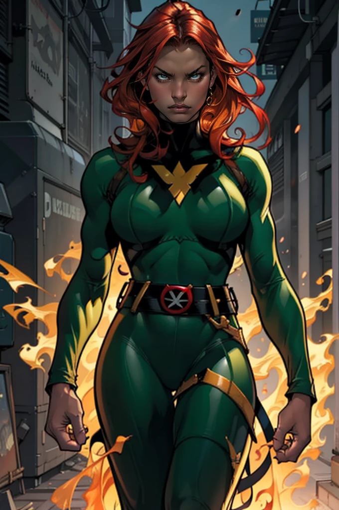 Jeangrey,X-men,Pheonixcostume,superhero,vibrantcolors,fierceexpression,detailedeyes,longredhair,burningflames,telekinesis,emotional,intensebattle,mysticalbackground,bestquality,highreshighlightedoutline,comicbookstyle,widescreenformat,contrastadjusted,hdr,crispdetails,energeticlighting, large breasts, sexy