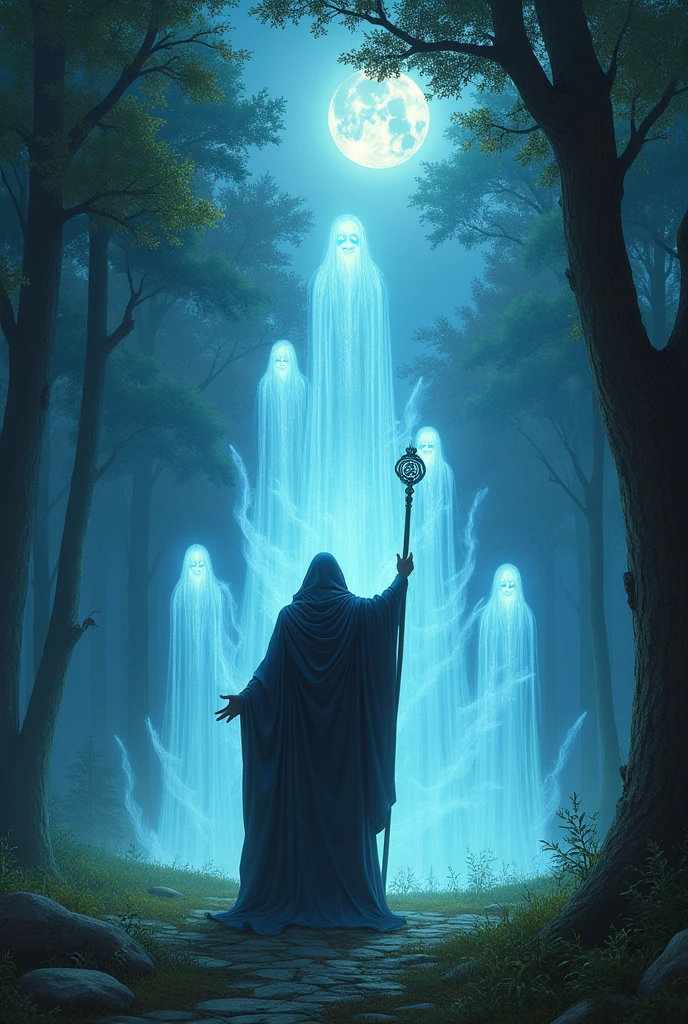 rpg illustration In a clearing illuminated by moonlight, a wizard raises his staff enveloped in a mystical aura, while ethereal spirits begin to materialize around him. Spectral shapes emerge from the ground, like mist taking shape, with indistinct faces and glowing eyes that emanate a pale blue light. They float silently in the air, with graceful movements, responding to the wizard's call. The atmosphere is charged with supernatural energy, and the surrounding trees bow slightly, as if acknowledging the presence of ancestral spirits.