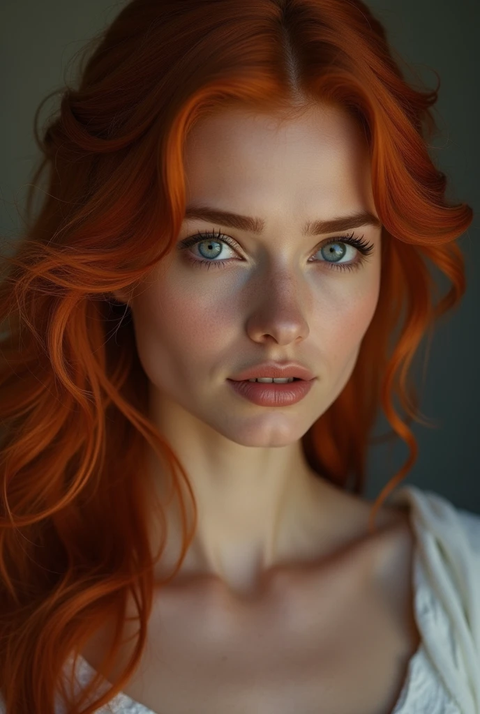 Red-haired Greek woman with dark blue eyes
