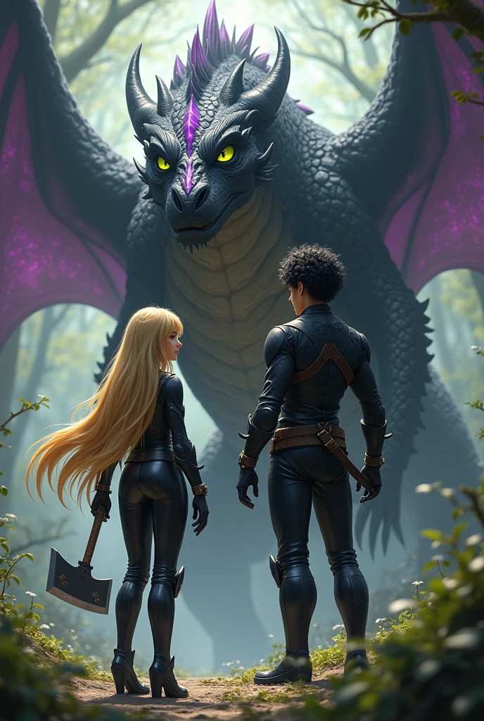 Create the image of a slim blonde girl with long straight hair down to her waist dressed in a black leather combat suit and a forest around her with many magical monster figures behind her, At his side a handsome boy with curly black hair, White skin, Muscular and wearing a black combat suit with green eyes, taller than the girl, behind the girl a large black dragon with purple and gold covering her, the girl has an axe in one hand, bright black and purple