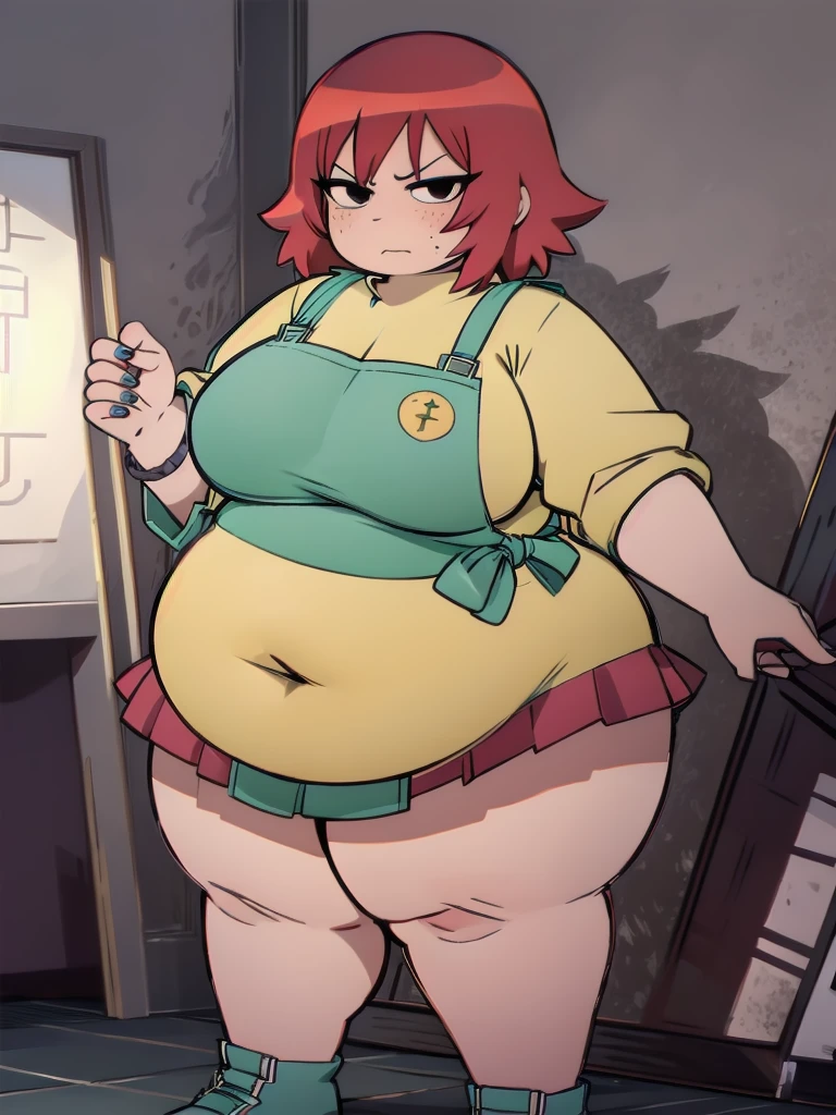 Who is new, indoors, Looking at the audience, 1 obese Girl, Solitary, angry, blush, Wide hips, Willow Waist, freckle, Red hair, black eyes:1.4, short hair, obese body , thick thighs, SSBBW, Fat Curvy Beauty:1.2, BREAK,sexy, apron, High Leg Raise, Thighs squeeze huge breasts