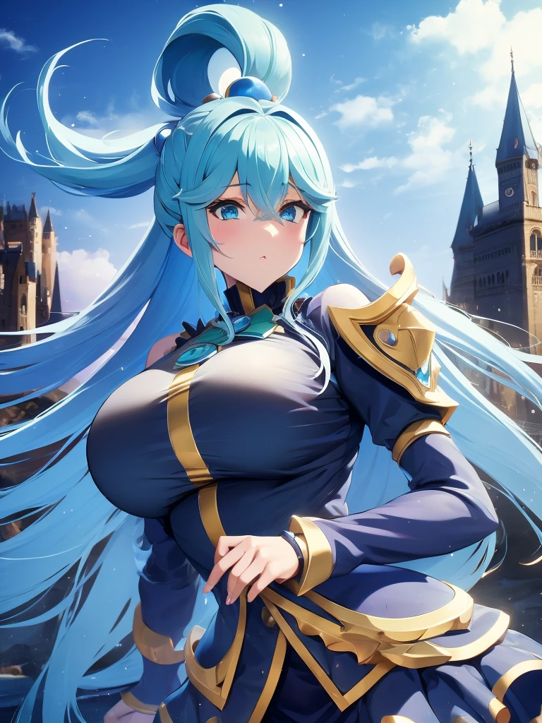 one girl, Aqua Konosuba,dark armor, Castle in the background