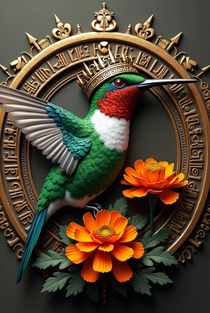 Round medal of a hummingbird with mictlantecuhtli with Mayan culture motifs around it with a marigold flower under its beak