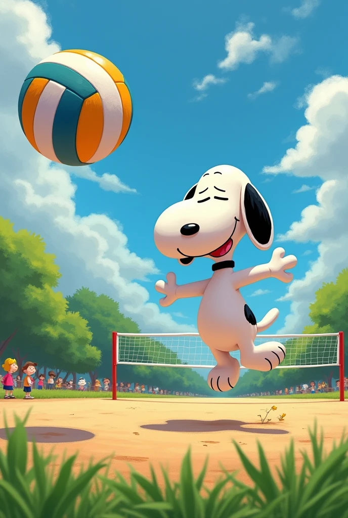 Snoopy playing volleyball on a pitch