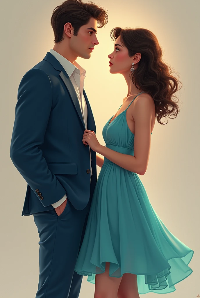 two young people, The girl with medium-length curly hair wearing a turquoise blue dress with a low cut at the bust and loose at the bottom, the boy who has a blue suit and they are looking at each other