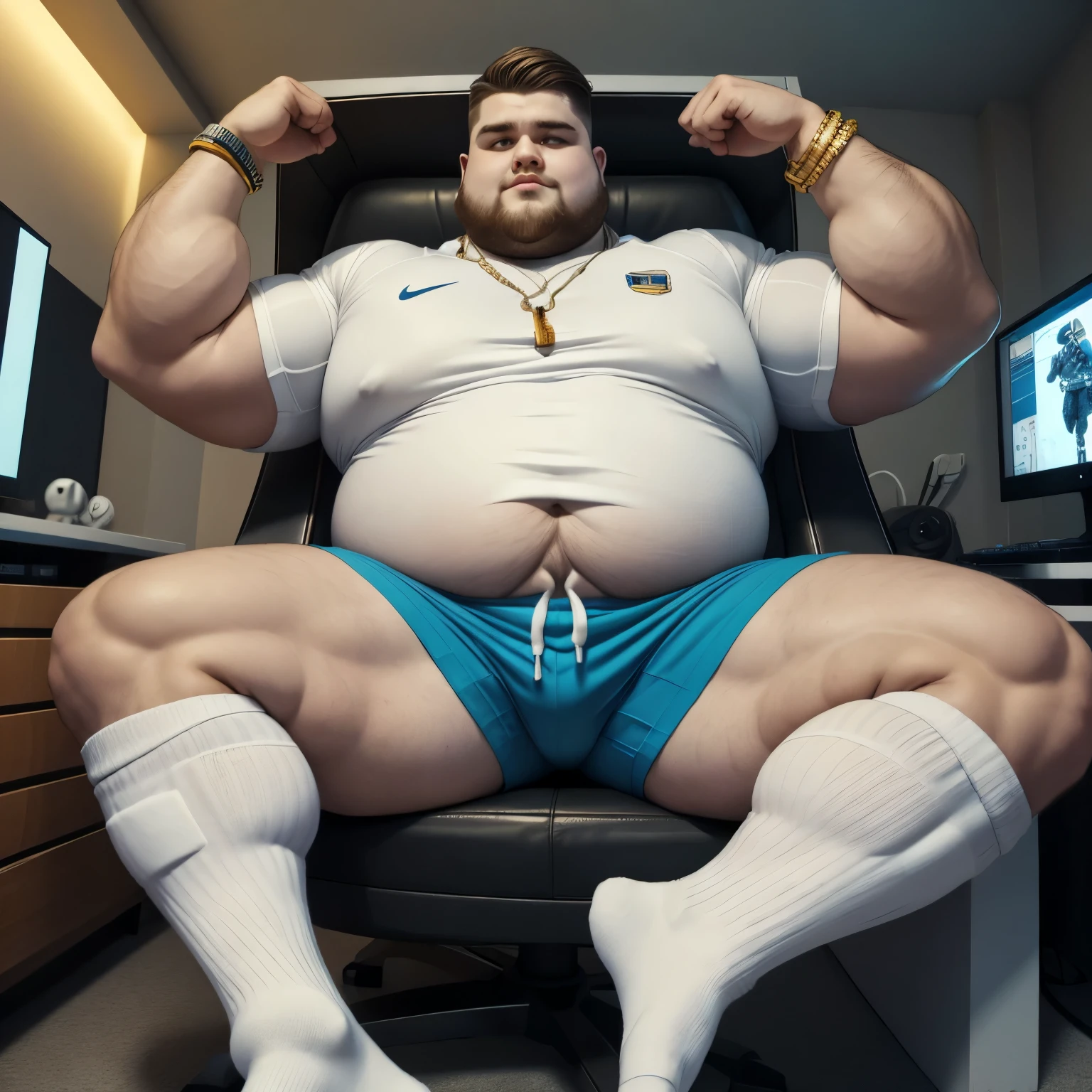 Photographic full body , morbidly obese young white guy gamer with brown undercut haircut, in white Nike long socks pulled up white shiny basketball shorts and jerseys, golden rings, necklaces, bracelets, attractive, with massive belly, slumped in his spaceship style chair in his white socks, showing off his white socked feet, playing on his computer, in super-modern fanatic gamer's bedroom with special lightening effects