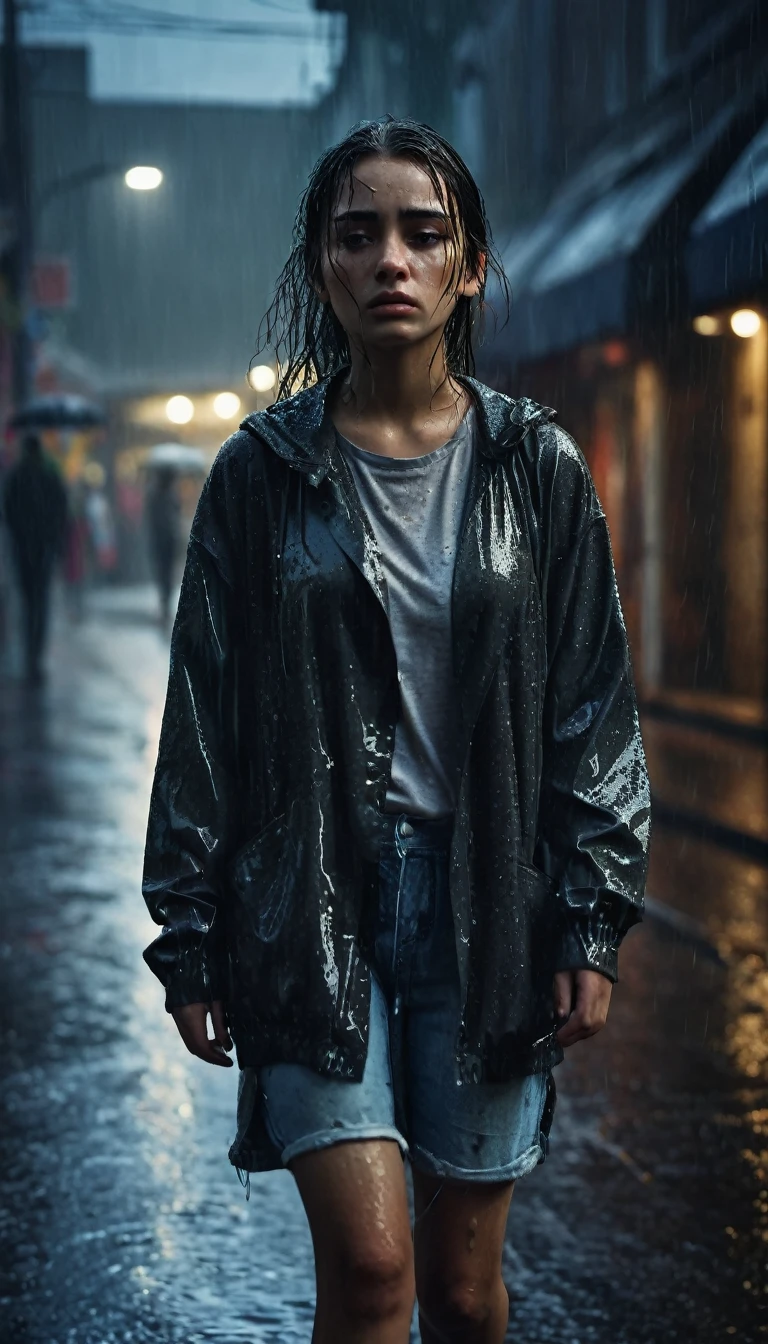 A girl walking in the rain, sad expression, detailed wet clothes, rainy street, dramatic lighting, moody atmosphere, cinematic, melancholy, realistic
