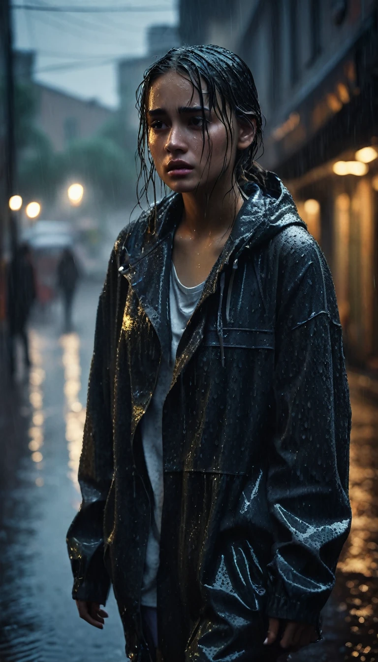 A girl walking in the rain, sad expression, detailed wet clothes, rainy street, dramatic lighting, moody atmosphere, cinematic, melancholy, realistic