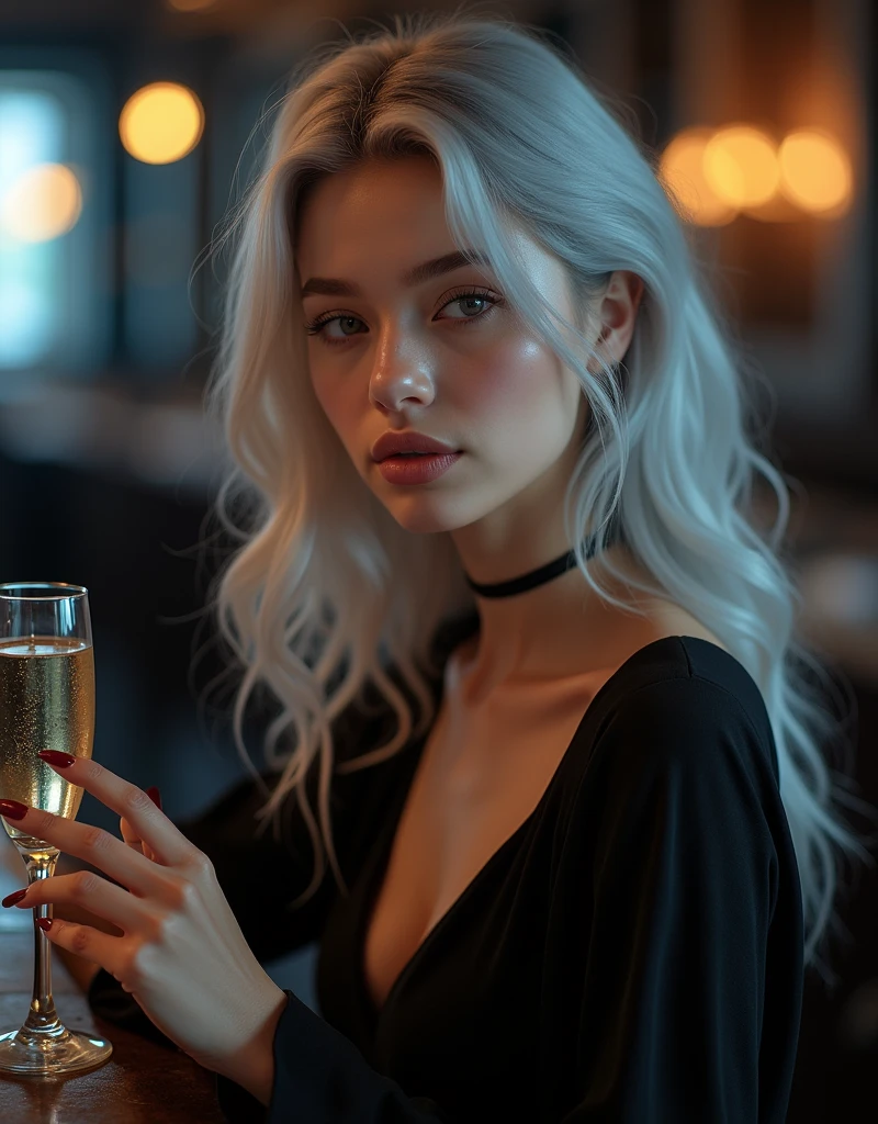 Beautiful girl with white skin, light gray hair, with bright shining eyes, Shiny skin, Beautiful черный маникюр, Beautiful nails, pearl skin, In a black dress, beautifully detailed fingers, professional photo, 4K, a high resolution, high detail, aesthetically pleasing, Beautiful, realistic, looks straight, beautiful long black nails, sitting at the bar with a glass of champagne, Shine, night, full length