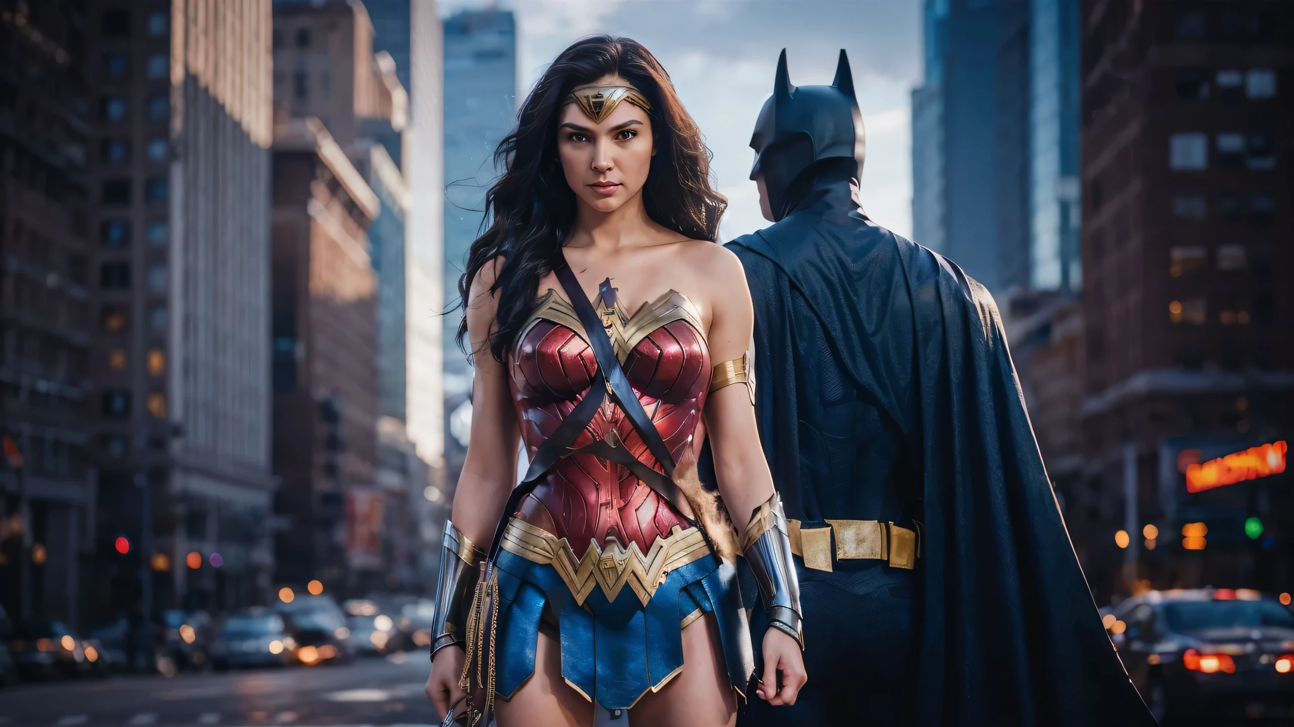 Two iconic superheroes, Wonder Woman and Batman, standing side by side in an urban setting during what appears to be the evening. Wonder Woman, in her signature red, blue, and gold costume, stands prominently in the foreground, gazing into the distance. Batman, cloaked in his signature black attire with a bat emblem on his back, is positioned slightly behind her. The backdrop features tall buildings, street lights, and a bustling cityscape, suggesting a metropolitan setting.