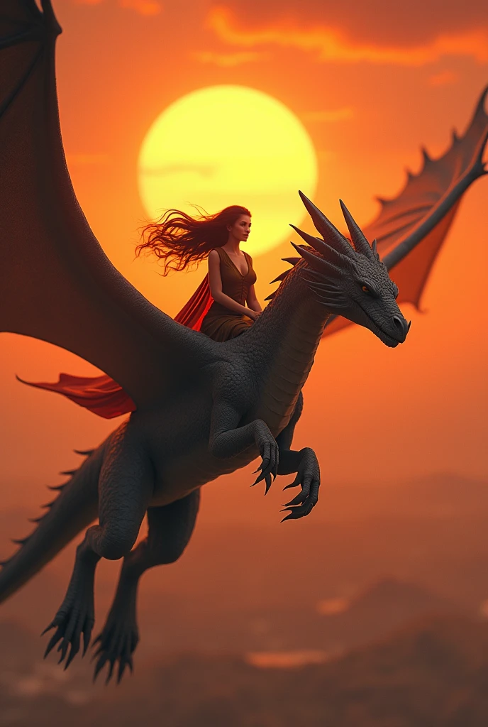 Generates an image in which there is a dark-haired woman, riding a grey dragon in front of the orange sun
