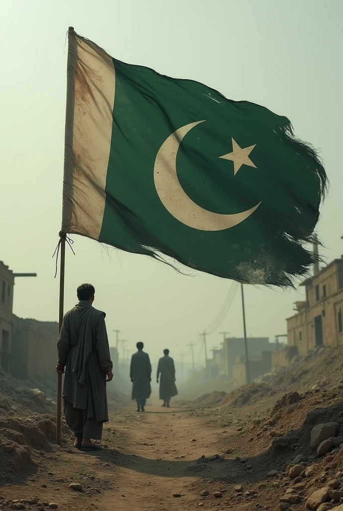 an image of a unsurvival country there is no hope of development and happines in the people of this country a patched pakistani flag waving in the background hungry peoples