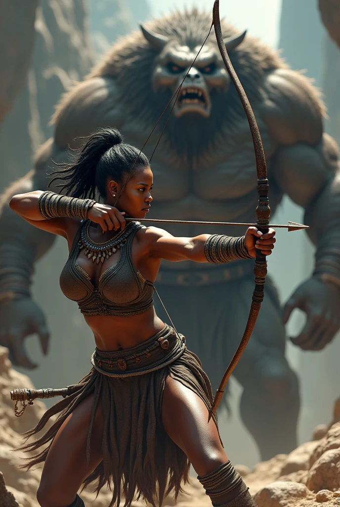 A black woman pointing a bow and arrow at a monster, warrior