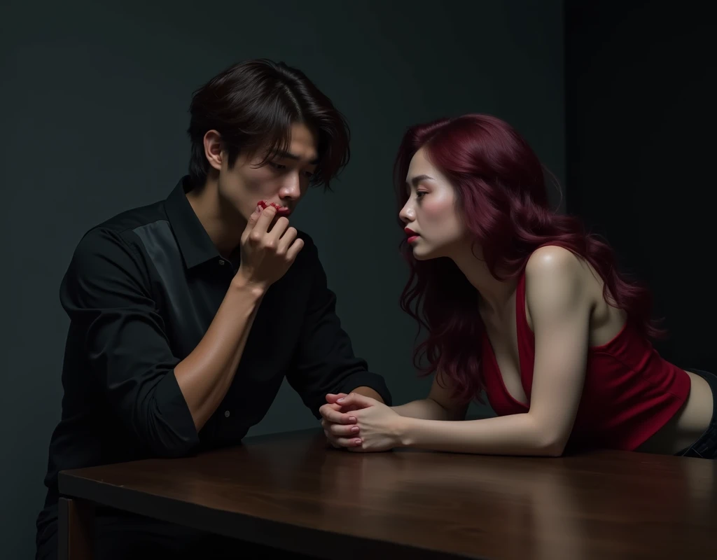 190 cm tall, 27-year-old man, wavy brown side parted hair, blue-black skin, purple eyes, Chinese-Korean-Japanese features, black shirt and business vest, black pants, sitting on the floor next to dark wood table, intense expression, wiping blood off lips and looking at a 24-year-old shorter woman with hesitant expression laying the wood table with vibrant maroon side parted wavy hair and light skin wearing red midriff top and matching in a minimalistic black and grey bedroom, dark lighting, photorealistic, cinematic