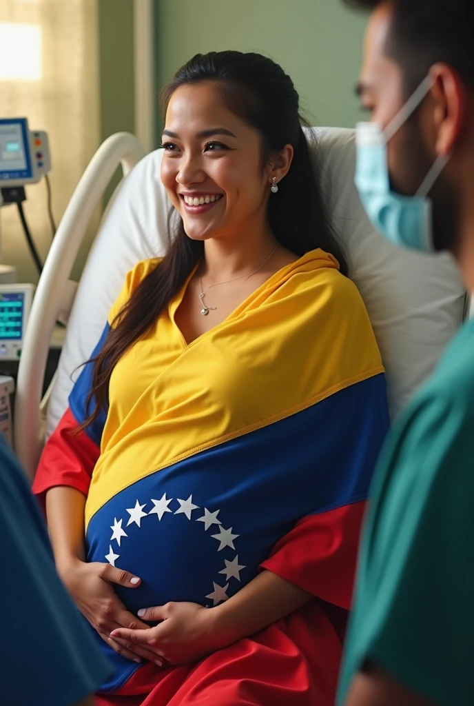 Woman dressed in Venezuelan flag in delivery room giving birth