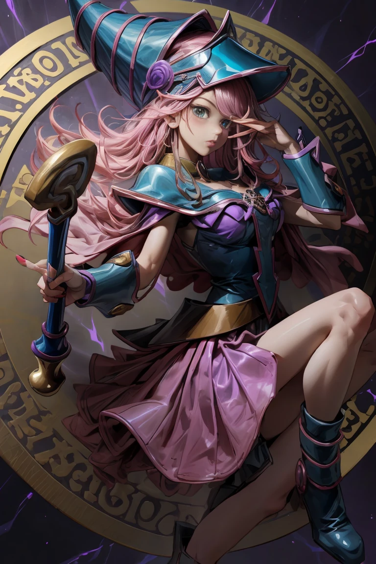 ultra detailed, extremely detailed, Masterpiece, Of the highest quality, Best Quality, absurdities, high resolution, Oscura himself, (1 girl:1.2), Alone, detailed face, dynamic pose, hair flow, (whole body:1.1), by rubio, broad, looking at the viewer, green eyes, cutaneous denture, detailed skin, skin pores, (shiny skin, shiny skin:1.1), Pink leather details, old, nail polish, Skirt, blue shoes, blue hats, Wizard hat, pared, holding has, (blue panties:0.9), (Summoning Circle:1.1), hexagram, pentacle, staff, yu give oh!, duel monster, purple magic field, glow, detailed background, intricate background,
