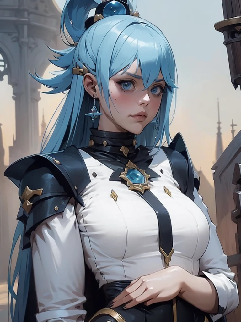 one girl, Aqua Konosuba,dark armor, Castle in the background