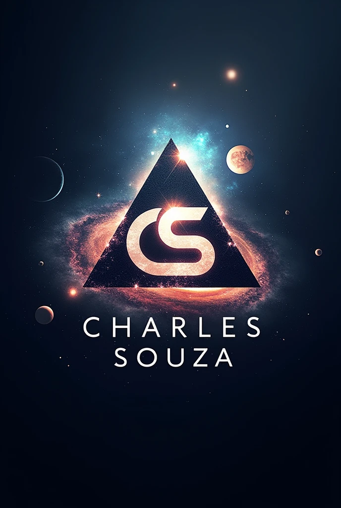 Create a logo image "CS" inside the triangle and CHARLES SOUZA" below , COSMIC triangle AND realistic universe symbol with a surrealistic letter 