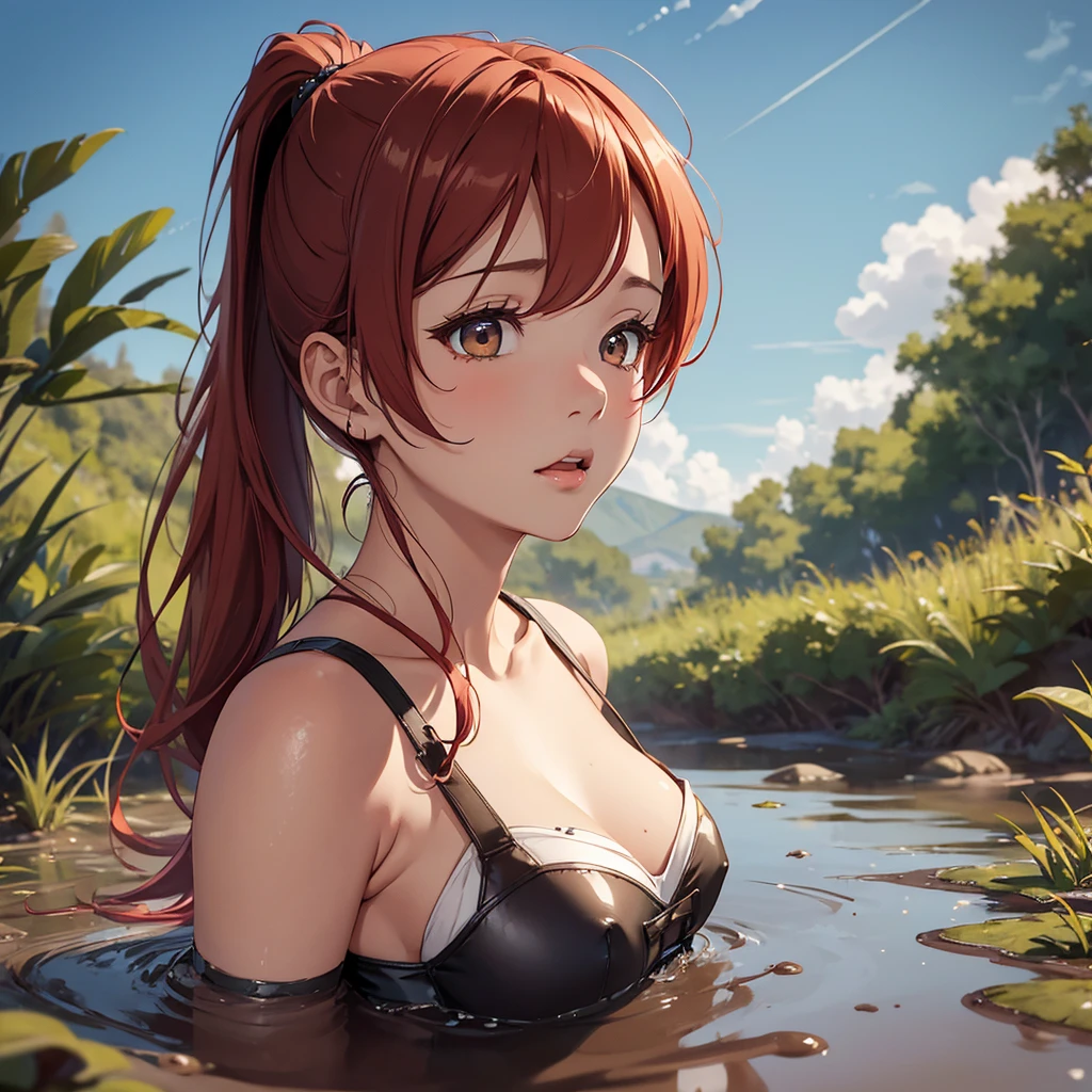 1girl, solo:1.5, masterpiece, best quality, high res, highly detailed, (illustration), beautiful detailed eyes, yuigahama yui, red hair ponytail, glossy lips, light makeup, orgasm, (looking up to the sky:1.5), intimate moment, sleeveless top, cleavage, (quicksand:1.4), (from side:1.4), bog, swampy, grassy, eyes shut, gasping