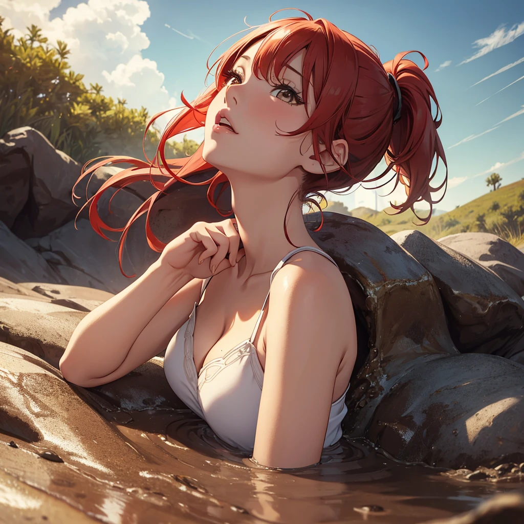 1girl, solo:1.5, masterpiece, best quality, high res, highly detailed, (illustration), beautiful detailed eyes, yuigahama yui, red hair ponytail, glossy lips, light makeup, orgasm, (looking up to the sky:1.5), intimate moment, sleeveless top, cleavage, (quicksand:1.4), (from side:1.4), bog, swampy, grassy, eyes shut, gasping