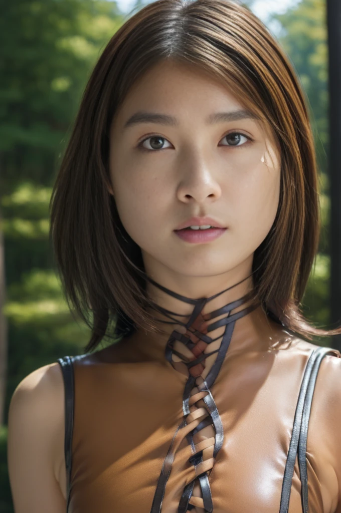 (masterpiece:1.2), Super detailed, (Realistic, photo Realistic:1.37), High-definition RAW color photos, Professional photos, Very delicate and beautiful, Very detailed, In detail, Very detailed beautiful girl, Very detailed face, Very detailed eyes, Very detailed skin, Very detailed nose, Very detailed mouth, Perfect Anatomy, (Famous Japanese actresses:1.3), Brown Hair, Short Hair, (Improve:1.3), Dynamic Lighting, View your viewers, (Sexy Cross Bondage Suit:1.4), (whole body:1.3)