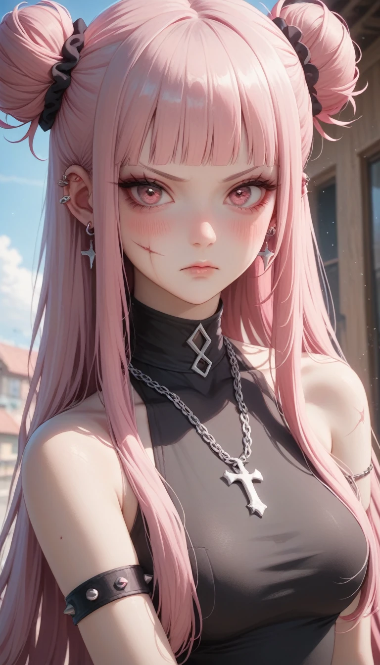 Masterpiece, Score_9, score_8_up, 8k, ultra-detailed, Ultra-high resolution, high-quality, 1girl, cute, scrunhie, perfect anatomy, pink hair, pink eyes, long hair, double bun haircut, blunt bangs, goth girl, scar, scar on face, blood on face, chain necklace, ear piercing, piercing, armlet, thighlet, small breasts, high neck neckline, hot pants, medium wide shot, bare shoulders, annoyed, v-shaped eyebrows, blushing, closed mouth, sexy