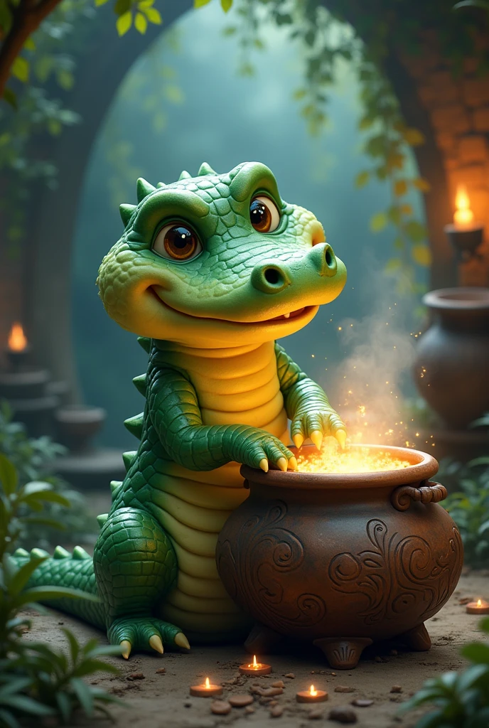 Create a cute picture of an alligator hugging a cauldron