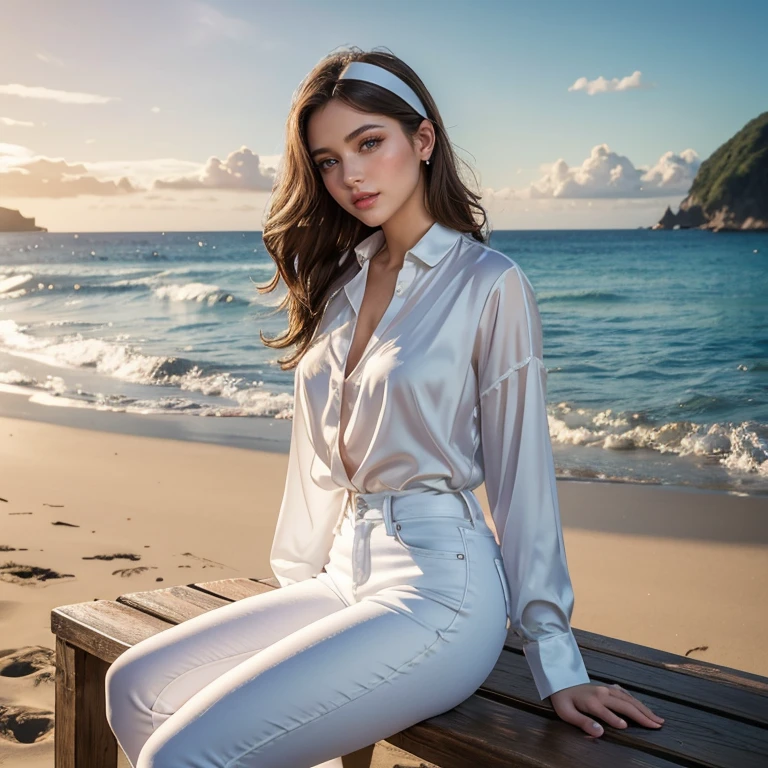(masterpiece, best quality:1.5), highest quality, High resolution, super detailed, Realists, Full body photo of a black-haired 22-year-old woman, detailed and beautiful eyes, beautiful detailed lips, very detailed eyes and face, longeyelashes, 22 year old woman in a chiffon top, Beautiful and colorful makeup, elegant and noble々Pose,shiny satin headband,, Beach and sea as background, bright daylight, bright colors, fine brushstrokes, Portrait style, beautiful color palette, glowing skin, First-class rendering, that captures every detail, enchanting atmosphere, (perfect anatomy:1.2), (The stunning woman wears a satin shirt and long tight white jeans (magnificent panorama view:1.2)