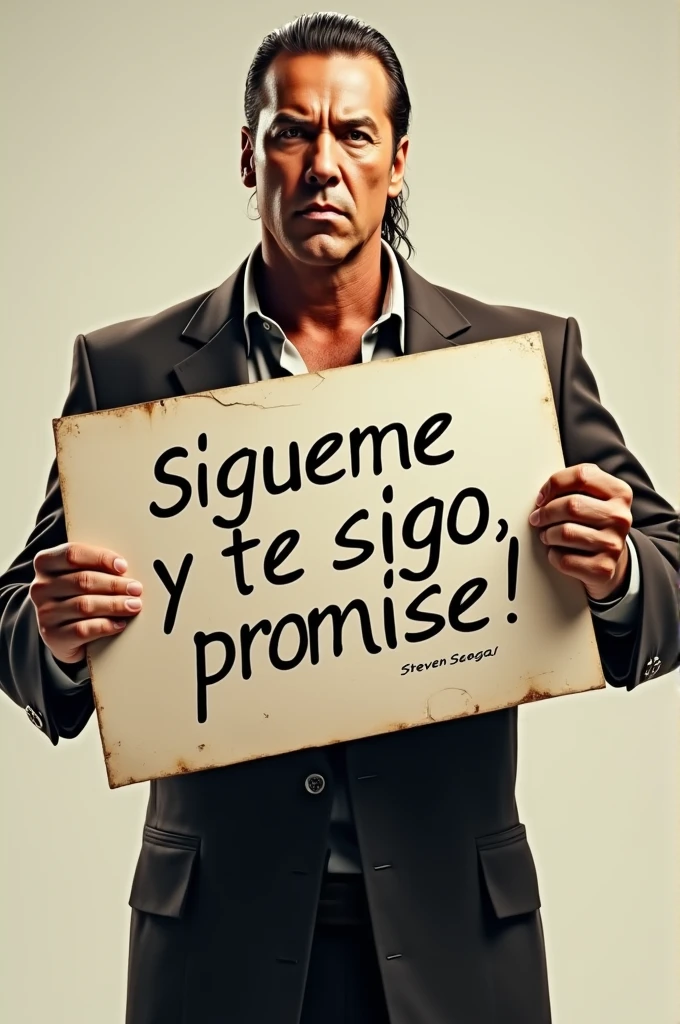 Steven Segal holding a sign that says "sígueme y te sigo, promise!