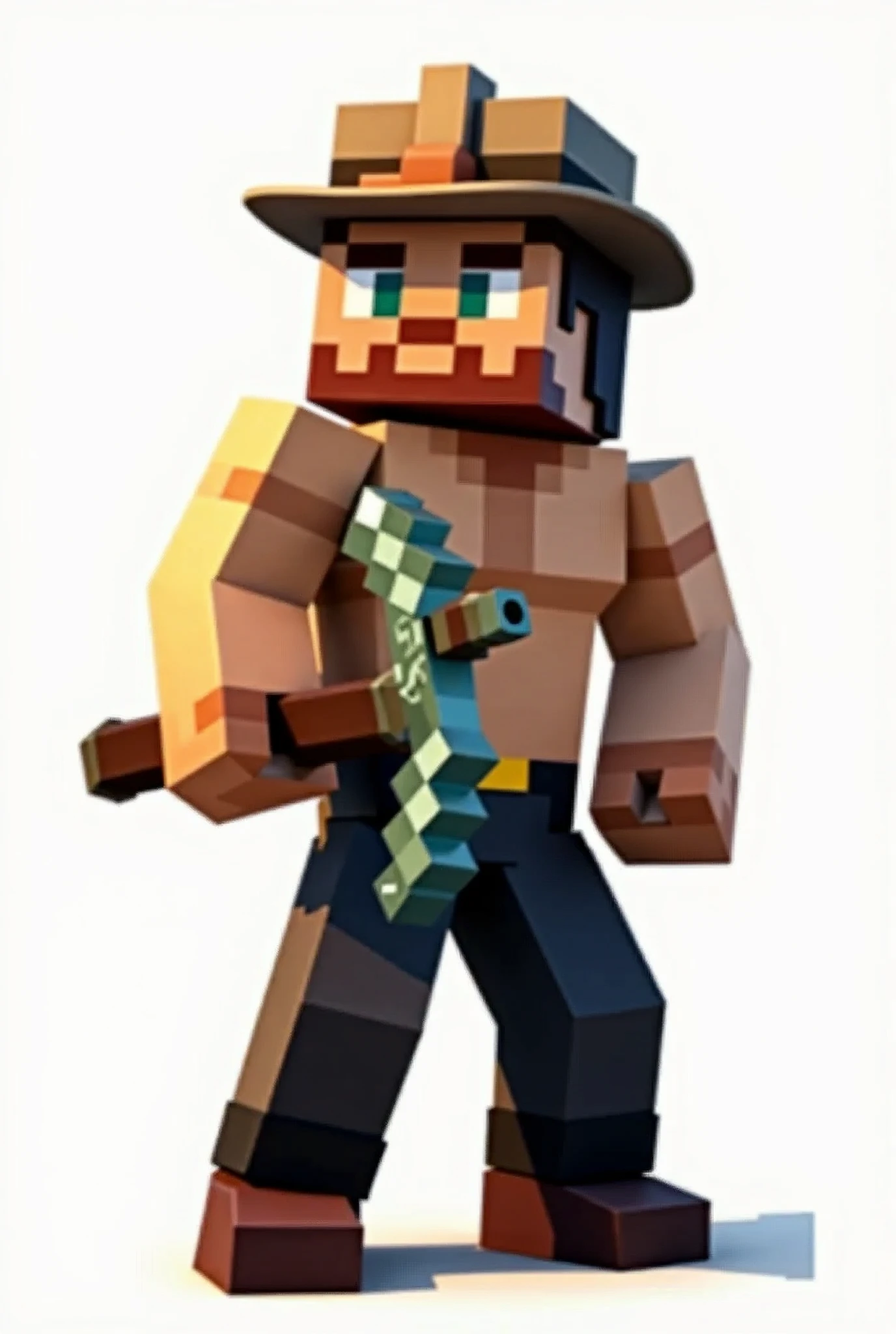 A Minecraft character standing Without a shirt or t-shirt holding a diamond pickaxe. A hat on his head. Wearing a black color pant with a nice shoe. Beautiful bright light. Minecraft character Close view. In a white background. Clear image