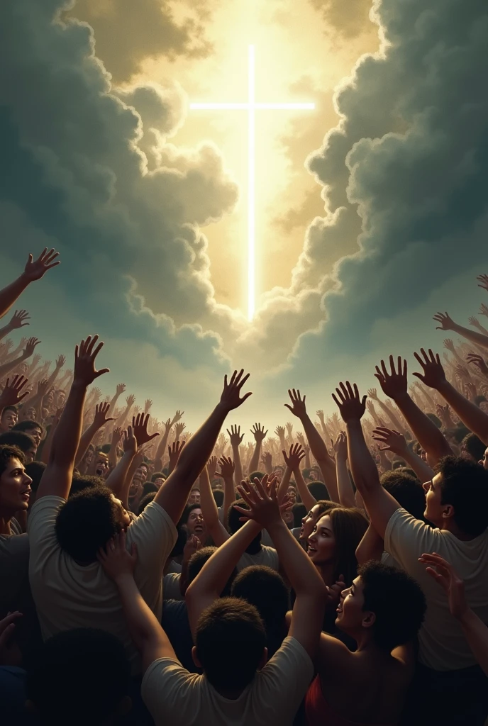 Create a powerful, emotionally charged image of desperate people trying to reach heaven. Show a motley crowd of individuals in a state of anguish and despair, reaching out or attempting to climb toward a bright, ethereal sky. Facial expressions should reflect a mix of hope, panic and determination. Heaven should be portrayed as a distant and unattainable destination, radiating light and a sense of divinity. The scene may include dramatic elements such as turbulent clouds, rays of light, and an environment that suggests an internal conflict or spiritual battle.
